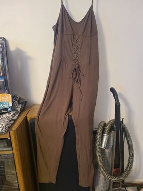 SHEIN Brown Lace-Up Spaghetti-Strap Jumpsuit